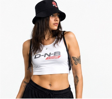 White D-N-B crop top and bucket hat