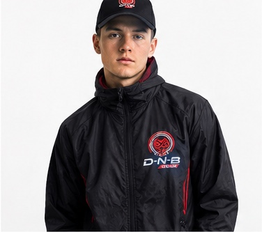 Black D-N-B jacket and cap